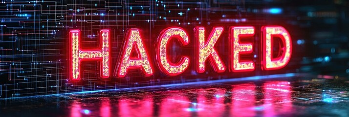 Fototapete - Glowing 'Hacked' sign on digital background.