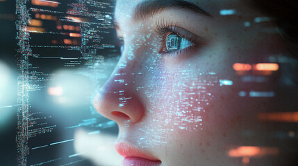 Aufkleber - Close-up of a young woman's face with digital data visualization. Generative AI