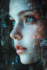 Poster - Portrait of a girl merged with cybernetic cityscape elements. Generative AI