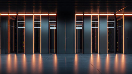 Poster - Symmetrical arrangement of servers in a modern data center environment. Generative AI
