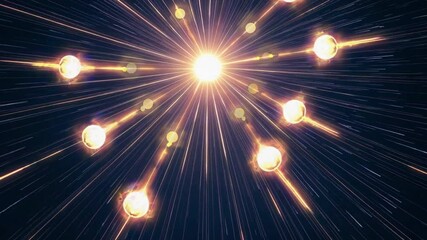 Poster - Bright light bursts and energetic rays radiate from a central source in a cosmic display over a dark background