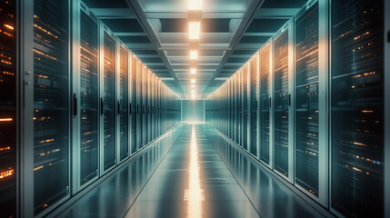 Poster - Servers aligned in a futuristic data center corridor illuminated at night. Generative AI