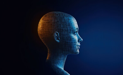 A close-up, profile view of a blue digital human head with glowing circuitry, set against a blue background and shot from a low angle.