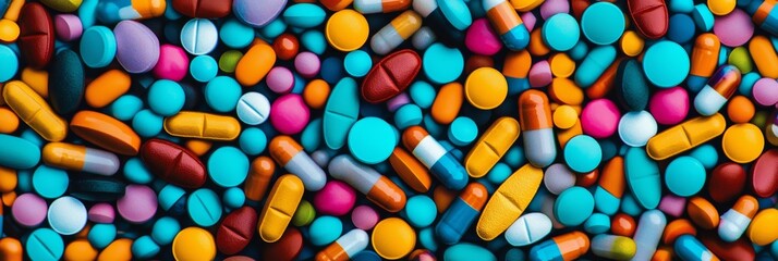 Poster - Many colorful pills and capsules are creating a vibrant and textured background, suggesting themes of medicine, pharmaceuticals, and healthcare