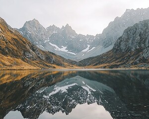  Mountain lake reflecting majestic peaks at sunrise.