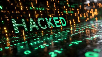 Fototapete - Hacked digital word with binary code background.
