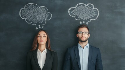 Aufkleber - Pensive businesspeople looking up with thought bubbles drawn above their heads on a blackboard, imagining and brainstorming new ideas and solutions for their business