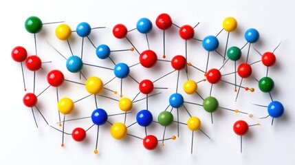 Aufkleber - Colorful interconnected pushpins form a network. Ideal for visualizing connections, social media, or teamwork concepts in presentations or educational materials.