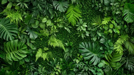 Poster - Lush green wall showcasing a variety of tropical plants, promoting concepts of sustainability, eco friendliness, and responsible waste management in urban spaces