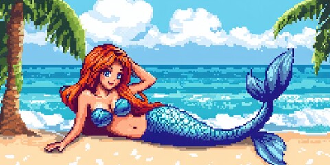 Wall Mural - 16-bit pixel art friendly mermaid laying on the beach, full body