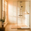 © Photo18@desing - Elegant walk-in shower with frameless glass panels, bamboo decor accents, and soft sunlight