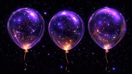 Wall Mural - Three transparent balloons glow with purple and gold nebulae against a starry black background. Ideal for space-themed celebrations, birthdays, or digital art.