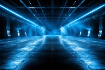 Poster - Futuristic corridor illuminated by blue lights in a sci-fi environment. Generative AI