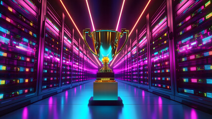 Poster - Golden Trophy in a Neon Server Room, 3D Render, Futuristic, Achievement, Technology , server, neon