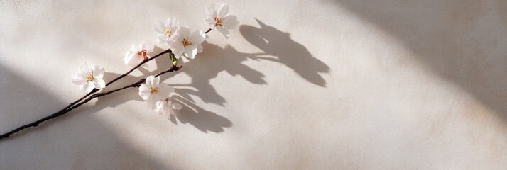 Aufkleber - cherry blossom branch with delicate white flowers casting a beautiful shadow on a beige textured bac