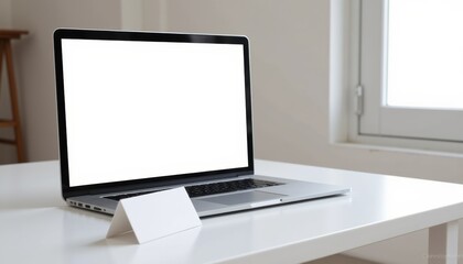 Aufkleber - Laptop and business card mockup on a clean surface, simple, professional design, photorealistic quality with copy space