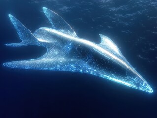 Poster - Hyperrealistic flowing fins design of a shark underwater digital art ocean environment aerial view futuristic concept
