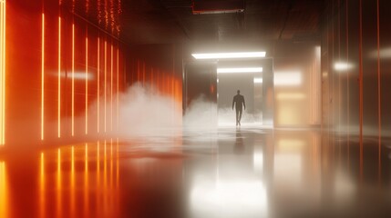 Poster - Mysterious figure walking through neon-lit corridor futuristic building digital art atmospheric perspective goalsetting focus