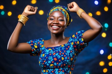 Joyful celebration of culture with a woman in colorful attire dancing under festive lights