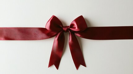 Wall Mural - A classic dark red ribbon tied in a bow against a plain off-white backdrop. Ideal for gift wrapping, invitations, or festive web banners.