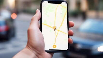 Poster - Hand holding smartphone displaying navigation app with marked location on map, blurred city street with car in background, concept of travel and modern technology