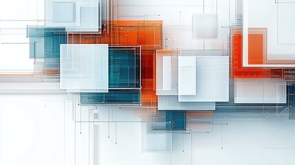 Poster - Abstract digital art featuring interconnected squares and lines in white orange and teal. Ideal for tech backgrounds website headers or modern presentations.