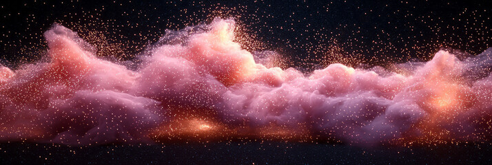 Poster - Shimmering Particle Burst: A radiant pink explosion of tiny shimmering particles spreading outward in an abstract, artistic manner against a black canvas,