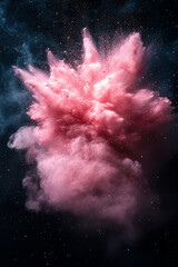 Poster - Abstract Dust Cloud: A delicate pink dust cloud exploding outward, with fine details and a vibrant yet soft texture on a dark background,
