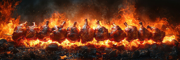Poster - BBQ Rotisserie Scene: Multiple whole chickens tied and roasting on skewers over an open fire, showcasing crispy skin and glistening juices in a rich, warm ambiance,