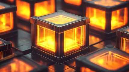 Aufkleber - Glowing orange cubes within metallic frames. Ideal for abstract backgrounds, technology visuals, or game assets.