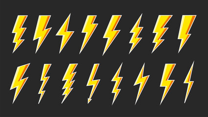Wall Mural - Yellow lightning bolt icons isolated on black background. Flash symbol, thunderbolt. Simple lightning strike sign. Vector illustration