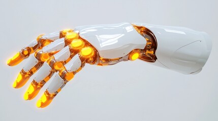 Poster - A sleek white and gold robotic hand extends its fingers in a gentle gesture. Ideal for futuristic interfaces and robotic arm visuals.