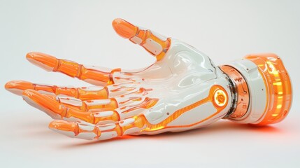 Poster - A sleek white and orange robotic hand extends in a gesture of offering or receiving. Ideal for showcasing futuristic technology or advanced prosthetics.