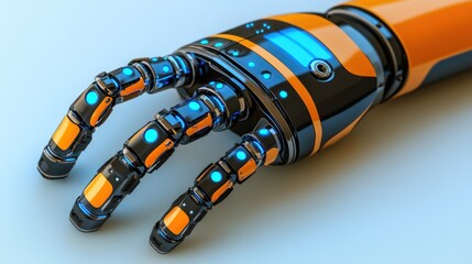 Poster - A sleek robotic hand with orange and black details and glowing blue lights. Ideal for futuristic designs or showcasing advanced technology.