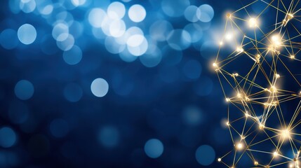 Abstract network structure with glowing nodes on a blue bokeh background. Digital technology concept