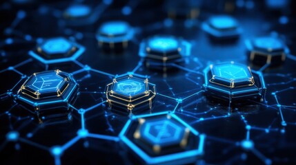 Aufkleber - Hexagonal network with glowing nodes symbolizes interconnected digital systems. Ideal for visualizing blockchain, AI, or futuristic technology.