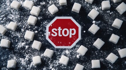 Aufkleber - Sugar cubes are surrounding a red stop sign, lying on a dark surface covered with powdered sugar, representing the concept of stop eating sugar for a healthy life