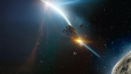 Poster - Powerful laser beam vaporizing an asteroid in deep space near a distant planet, generating a brilliant flash of light and scattering smaller debris across the cosmos