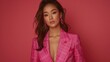 © aicandy - A young person posed confidently against a solid pink backdrop, adorned in a stylish pink checkered outfit that complements the background tone