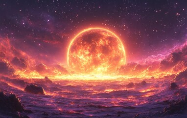 Wall Mural - nebula inspired cosmic landscape with distant planet and asteroid field in deep space