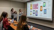 © Aditya - Female students present a mobile app design project on a large screen in a classroom.