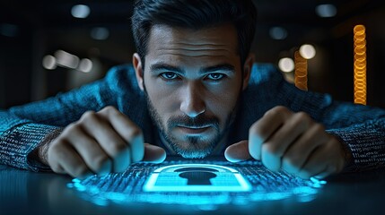 Poster - Man intensely focused on a digital padlock hologram.