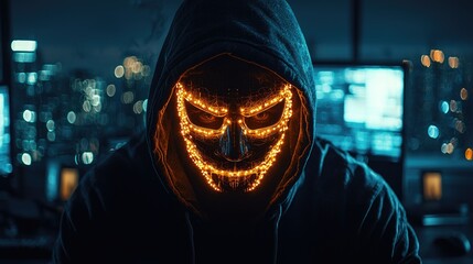 Fototapete - Masked hacker at night, illuminated face, city view.