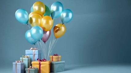 Poster - Festive still life featuring colorful balloons floating above beautifully wrapped gift boxes against a vibrant blue backdrop, creating a cheerful, celebratory atmosphere