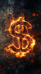 Aufkleber - Dollar sign burning in flames symbolizes financial crisis, inflation, and economic recession, against a dark, textured background with glowing embers