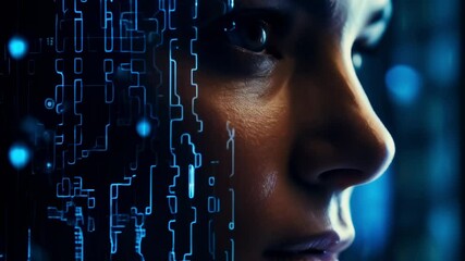 Aufkleber - Woman's face partially merges with glowing digital circuits and data streams. Representing the futuristic concept of human machine integration and the blurring lines between biology and technology