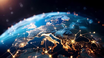 Wall Mural - digital globe rotation, europe map, european union connectivity, network glowing lights