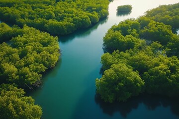 Sticker - Lush green mangrove forest, teal water channels.