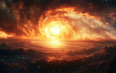 Wall Mural - Vibrant Galaxy Surrealism with Swirling Stars and Planets in Cosmic Scene Featuring Dramatic Lighting