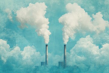 Smoke billows from industrial chimneys against a bright blue sky and clouds in a polluted environment